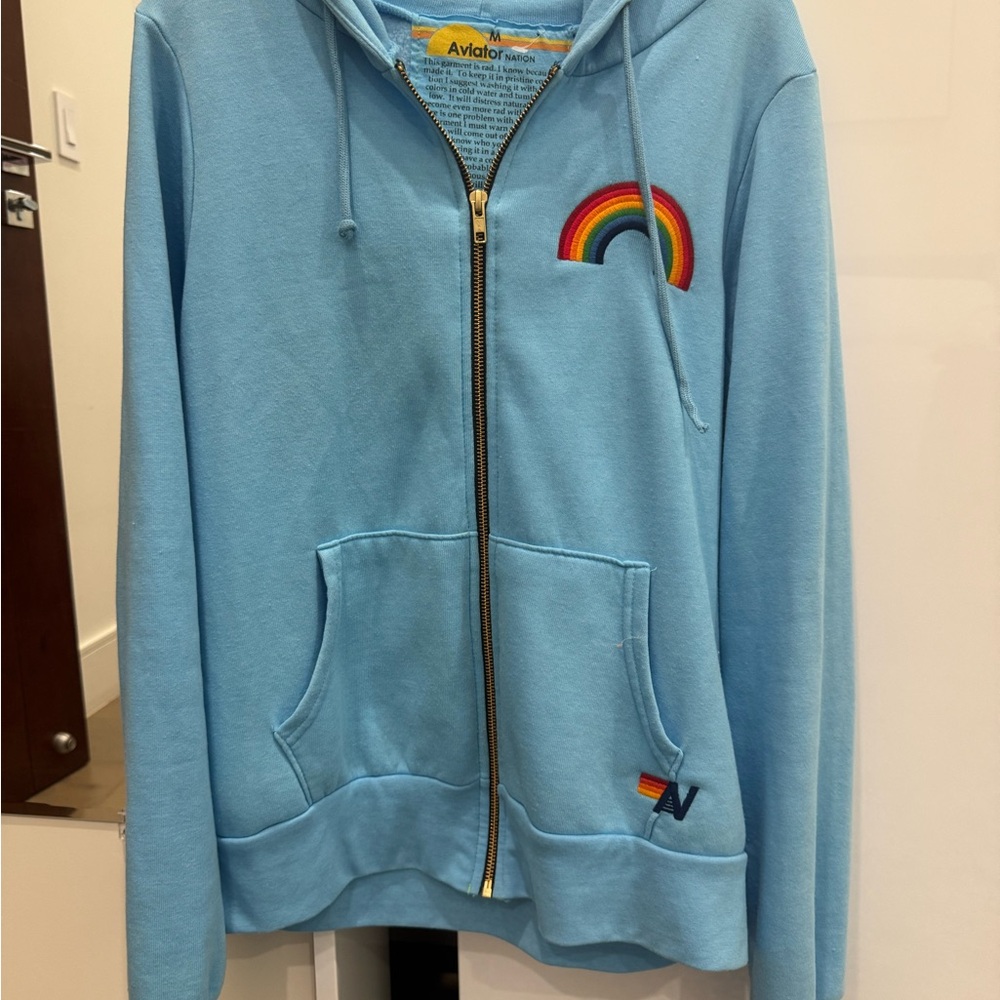 Aviator Nation Light Blue Hoodie with Rainbow Embroidery